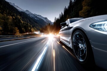 Naklejka premium Fast car racing down mountain highway during twilight with blurred lights in the background
