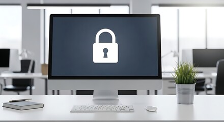 Computer monitor displaying a padlock icon, symbolizing data security and protection in an office environment