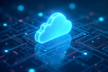 Cloud computing technology concept. A glowing blue digital cloud icon on a futuristic circuit board background. For data storage, networking, and online services.