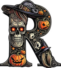 Halloween Alphabet Letter R with Skull and Pumpkins