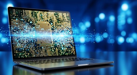 Laptop with glowing circuit board on screen, representing advanced technology and digital innovation