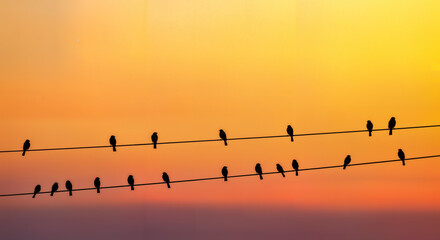 Silhouette birds perched, resting along wires at sunset during golden hour, creating calming scene. Birds silhouette in beautiful light is nature’s peaceful moment.