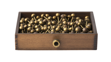 Vintage brass push pins in wooden box isolated on transparent background
