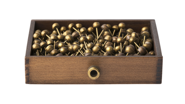 Vintage brass push pins in wooden box isolated on transparent background 