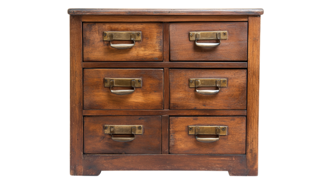 Vintage wooden filing cabinet with brass handles isolated on transparent background - Powered by Adobe