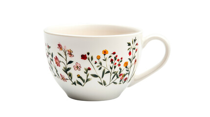 White ceramic teacup with floral design isolated on transparent background 