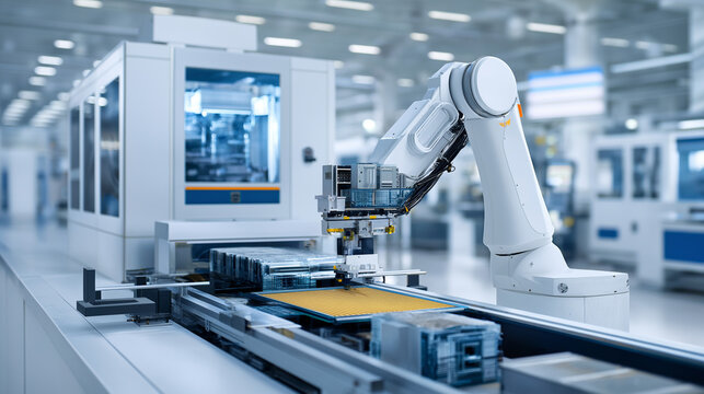 Inside an ultra-clean semiconductor fabrication facility, automated wafer handling systems with robotic arms move silicon wafers between glass substrate processing equipment. 