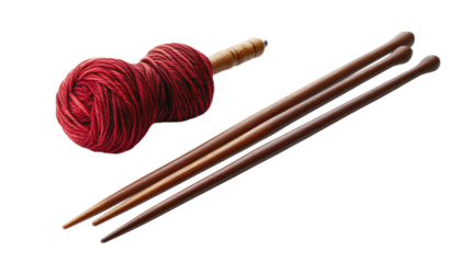 Wooden knitting needles with yarn isolated on transparent background 