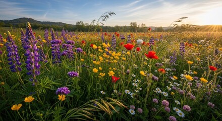 Vibrant wildflower meadow landscape with lupines and poppies under sunlight