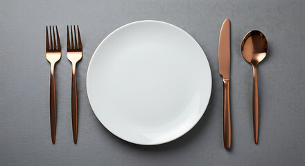 Overhead View of Elegant Rose Gold and White Tableware Setting on Textured Gray Background - mockup