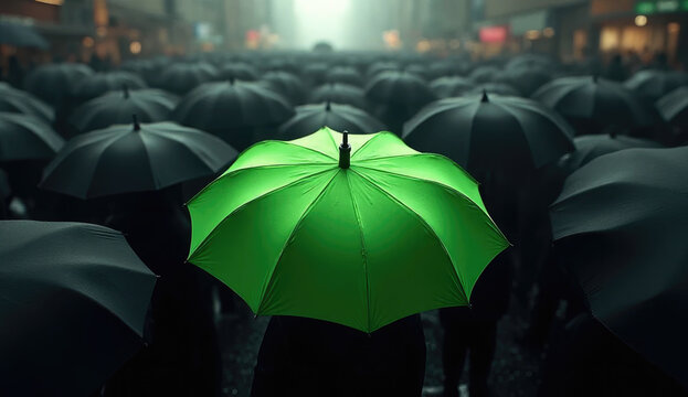 Green umbrella stand out from the crowd of many black umbrellas - being different concept 
