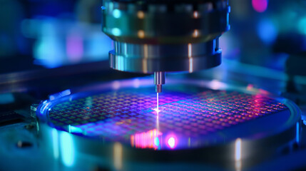 An ion implantation facility modifies the electrical properties of semiconductor materials. A focused beam of ions is shown bombarding a silicon wafer, a precision doping process 