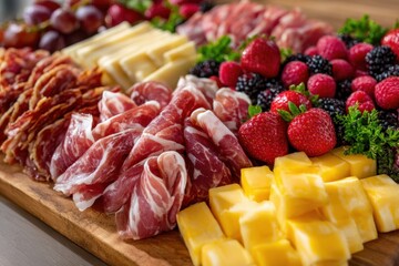 Charcuterie board with assorted meats, cheeses, and fresh fruits displayed elegantly