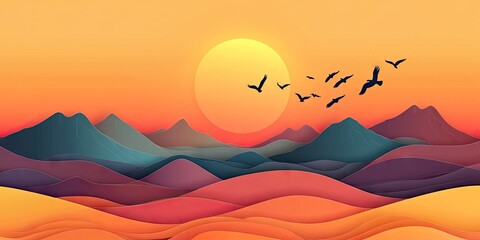 Sunset mountain landscape with birds