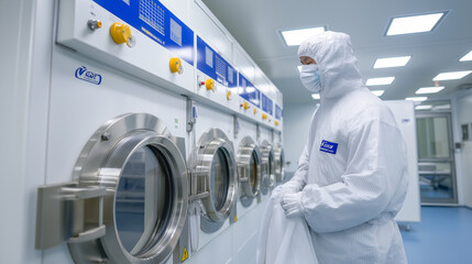 A clean room garment changing facility shows the airlocks and contamination control systems required for ultra-clean manufacturing. A worker in a "bunny suit" is shown in the final