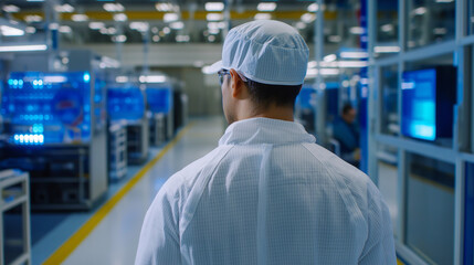 A clean room garment changing facility shows the airlocks and contamination control systems required for ultra-clean manufacturing. A worker in a "bunny suit" is shown in the final
