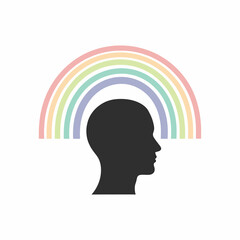 Silhouette of a human head with a colorful pastel rainbow arching above.