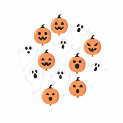 Fototapeta premium A festive collection of cartoon jackolantern balloons and spooky white ghosts with varied expressions.