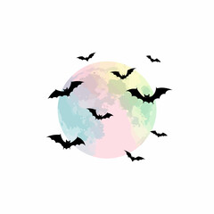 A flock of black bat silhouettes flying around a vibrant pastel rainbow watercolor full moon.