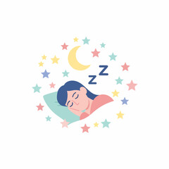 Cartoon Illustration of a Sleeping Woman with Closed Eyes and Zzzs Symbol.