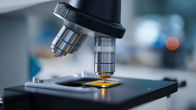 An advanced metrology laboratory measures critical dimensions in semiconductor manufacturing. A sophisticated atomic force microscope is shown scanning a chip's surface, ensuring 