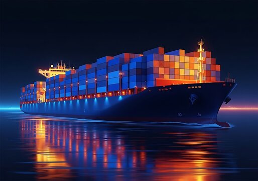 Cargo ship at night, vibrant colors