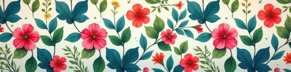 Subtle repeating leaf & flower pattern, muted tones, nature, leaves