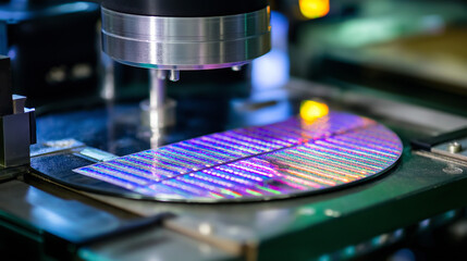 A wafer-level packaging operation creates chip-scale packages directly on a semiconductor wafer. This efficient manufacturing technique for miniaturized devices is shown before the