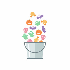 Halloween Bucket Overflowing with Spooky Treats Pumpkins Ghosts Bats Skulls and Candy.