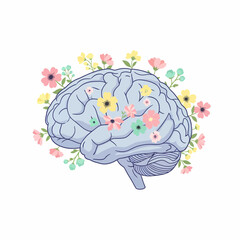 Light blue human brain illustration adorned with vibrant blooming flowers symbolizing mental wellbeing and growth.