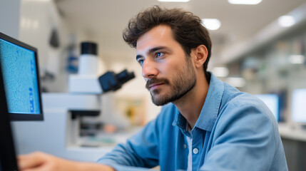 A semiconductor failure analysis laboratory uses an advanced scanning electron microscope to investigate device defects. An engineer is shown analyzing the image on a screen to 