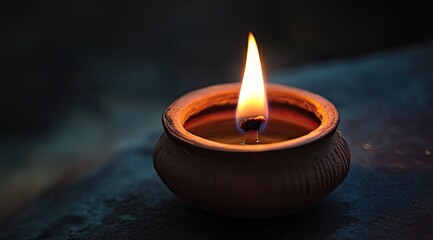 Single candle in terracotta bowl, warm glow
