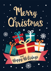 Christmas greeting card with gifts, snowflakes, and festive decorations. Holiday vector design for winter celebrations