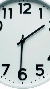 Extreme close-up, static video of an elegant minimalist wall clock with black hands rapidly spinning in a high-speed time-lapse against a pure white studio background, conveying intense efficiency.