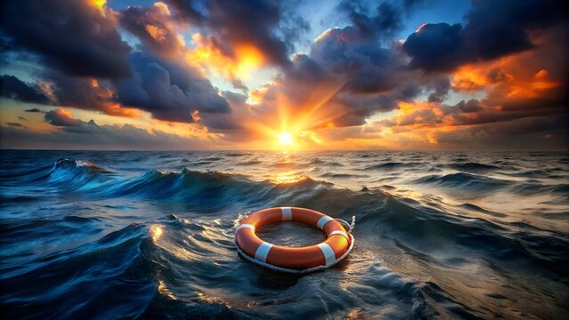 A lifebuoy bobs in the ocean at sunset, symbolizing safety and rescue amidst the vastness of the sea, with vibrant colors painting the sky