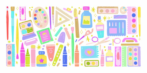 Colorful Art Supplies and Stationery Collection