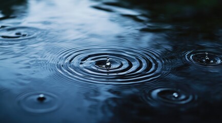 Rain drops ripple dark water
