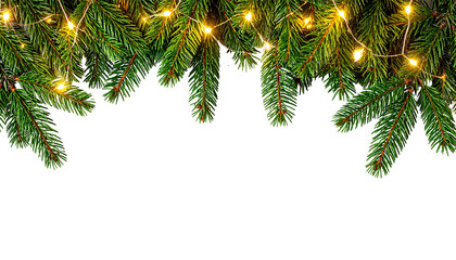 Weihnachtlicher Rahmen mit Tannenzweigen und Lichterkette &ndash; isoliert auf wei&szlig;em Hintergrund f&uuml;r festliche Designs