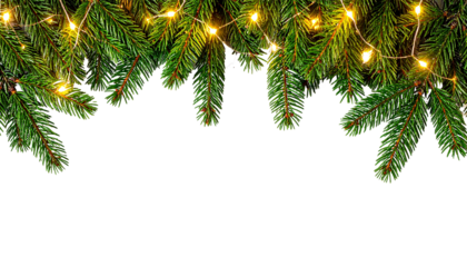 Weihnachtlicher Rahmen mit Tannenzweigen und Lichterkette – isoliert auf weißem Hintergrund für festliche Designs