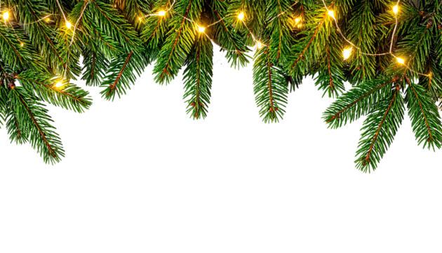 Weihnachtlicher Rahmen mit Tannenzweigen und Lichterkette – isoliert auf weißem Hintergrund für festliche Designs