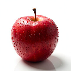 Close up of a red apple with water droplets on a white surface