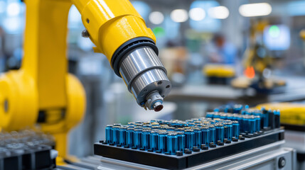 An electric vehicle battery pack assembly facility shows automated systems installing and testing the individual battery cells. The sustainable automotive manufacturing process is 