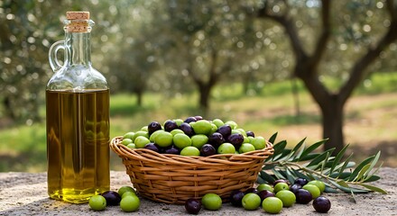 Authentic olive harvest with fresh oil and ripe olives in a rustic basket under the Mediterranean sun
