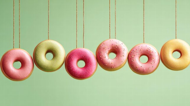 Clothespin-hung donuts on rope against light green for bakery menu design.
