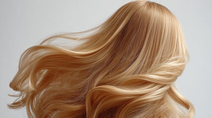 Fototapeta premium Long, wavy, blond hair flows gracefully against a neutral background. The hair appears healthy and vibrant, showcasing a natural shine.