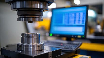 A quality control station uses dimensional measurement systems with lasers to verify automotive part tolerances. The data appears on a screen, ensuring manufacturing precision for 