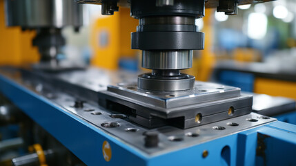 Fototapeta premium An advanced stamping press forms automotive body panels from large sheets of steel and aluminum. The high-force metal forming process is shown in action, a powerful and essential 