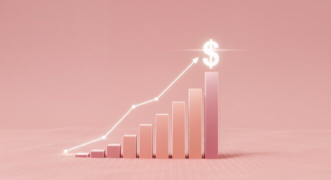Business graph with dollar sybmbol, climbing business staircase made of profit bars in a glowing pastel scane