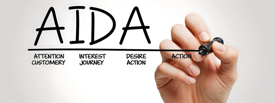 Marketing strategy aida acronym attention interest desire action explained by hand writing on board illustration