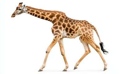Fototapeta premium Majestic giraffe striding gracefully on isolated white background